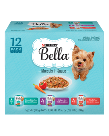 PURINA Bella Morsels Filet Mignon Flavor Rotisserie Chicken Flavor Prime Rib Flavor Variety Pack of 12 Small Breed Wet Dog Food 1.19kg