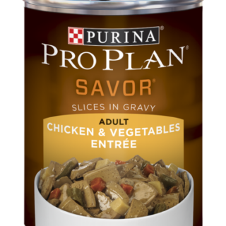 PURINA Pro Plan SAVOR Adult Chicken & Vegetables Entrée Slices In Gravy Case of 12 Wet Dog Food 368g