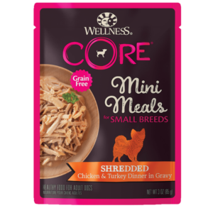 Wellness CORE Grain-Free Small Breed Mini Meals Shredded Chicken & Turkey in Gravy Case of 12 Dog Food Pouches 85g