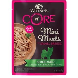 Wellness CORE Grain-Free Small Breed Mini Meals Shredded Chicken & Lamb in Gravy Case of 12 Dog Food Pouches 85g