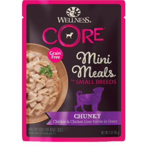 Wellness CORE Grain-Free Small Breed Mini Meals Chunky Chicken & Chicken Liver in Gravy Case of 12 Dog Food Pouches 85g