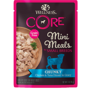 Wellness CORE Grain-Free Small Breed Mini Meals Chunky Chicken & Tuna in Gravy Case of 12 Dog Food Pouches 85g