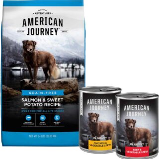 American Journey Salmon & Sweet Potato Recipe Grain-Free Dry Food + Stews Poultry & Beef Variety Pack Grain-Free Canned Dog Food 11.8kg