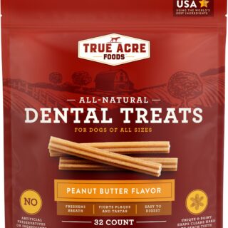 True Acre Foods, All-Natural Dental Chew Sticks, Peanut Butter Flavor 32 Count Dog Treats 780g