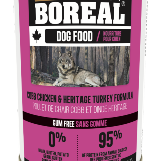 BOREAL CANADIAN COBB CHICKEN AND HERITAGE TURKEY FORMULA CASE OF 12 WET CANNED DOG FOOD 369G