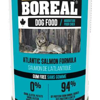 BOREAL CANADIAN ATLANTIC SALMON FORMULA CASE OF 12 WET CANNED DOG FOOD 369G