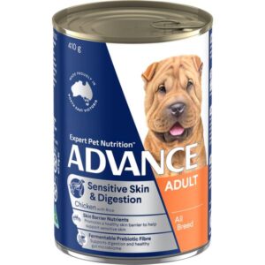 ADVANCE ADULT ALL BREED SENSITIVE SKIN & DIGESTION CHICKEN & RICE CASE OF 12 WET DOG FOOD 410G