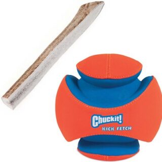 Bundle: Chuckit! Kick Fetch Ball Toy, Large + Bones & Chews Made in USA Elk Antler Split Dog Chew, 7.25-8.5-in, Large