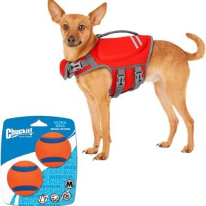 Bundle: Frisco Neoprene Life Jacket + Chuckit! Ultra Rubber Ball Tough Dog Toy, Small