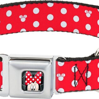 Buckle-Down Minnie Mouse Polka Dot Polyester Seatbelt Buckle Dog Collar, Medium: 11 to 17-in neck, 1-in wide