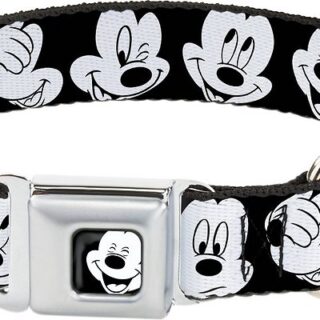 Buckle-Down Mickey Mouse Expressions Polyester Seatbelt Buckle Dog Collar, Small: 9 to 15-in neck, 1-in wide