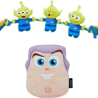 Pixar Aliens Plush with Rope Squeaky Toy + Buzz Lightyear Round Plush Squeaky Dog Toy