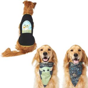 STAR WARS THE MANDALORIAN'S THE CHILD "Cutest Bounty" Reversible Bandana, X-Small/Small + "Left Unsupervised" Dog & Cat T-Shirt, Medium