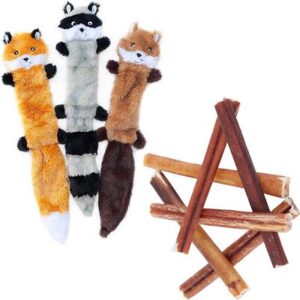 ZippyPaws Skinny Peltz No Stuffing Squeaky Plush Toys + Bones & Chews Bully Stick 6" Dog Treats