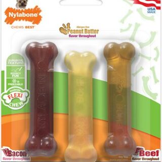 Nylabone FlexiChew Triple Pack Bacon, Peanut Butter & Beef Flavored Dog Chew Toy, Petite