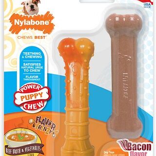 Nylabone Puppy Power Tough Beef Broth, Vegetables Flavor & Bacon Flavor Dog Chew Toys, 2 count