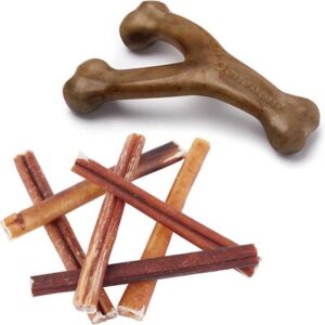 Benebone Bacon Flavor Wishbone Tough Chew Toy + Bones & Chews Bully Stick 6" Dog Treats