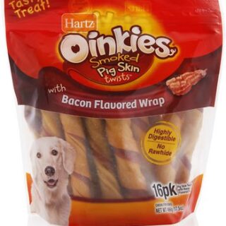 Hartz Oinkies Smoked Pig Skin Twists Bacon Flavor Wrap Dog Treats, 16 count